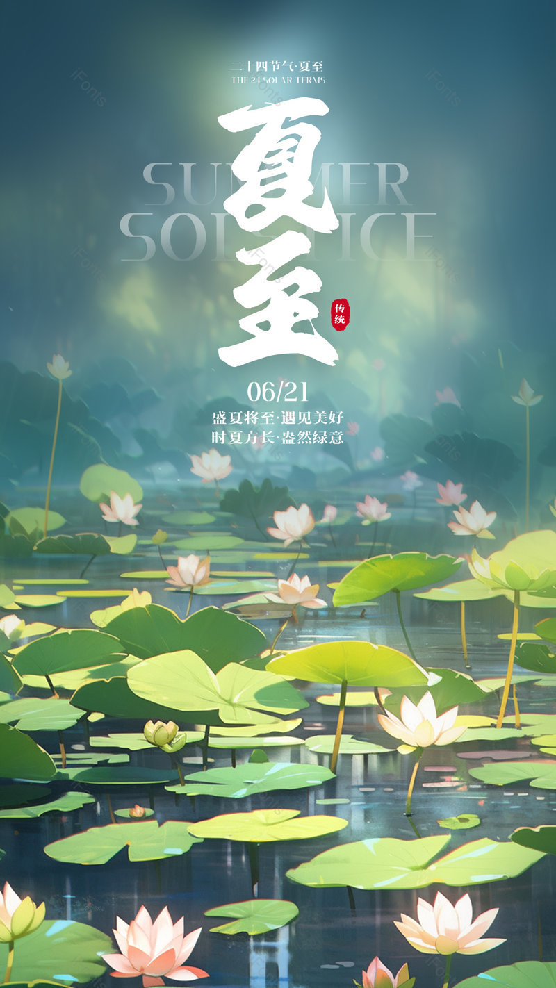 卡通手绘插画荷叶荷花池塘夏至节气海报,设计模板,设计模板大全,设计模板下载